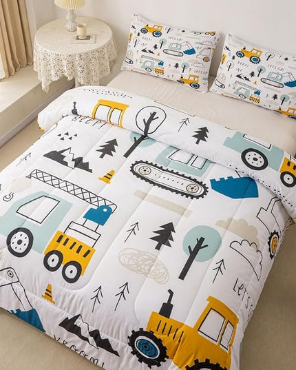 Feelyou Cartoon Car Kids Comforter Set Construction Bedding Set Decor Equipment Trucks Comforter Cartoon Car Excavator Tractor White Yellow Duvet Set Bedroom Quilt Set 3Pcs Queen - LeafyLoom