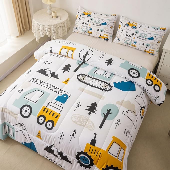 Feelyou Cartoon Car Kids Comforter Set Construction Bedding Set Decor Equipment Trucks Comforter Cartoon Car Excavator Tractor White Yellow Duvet Set Bedroom Quilt Set 3Pcs Queen - LeafyLoom