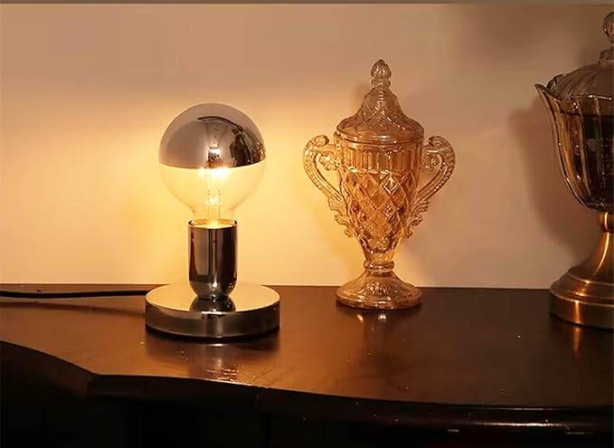 Simple Unique Lamp Base Only,Mini Bedside Table Lamp Bases,E26 Edison Light Bulb Stand Lamps for Small Spaces,Minimalist Desk Lamps Set w/ 5.8ft White Cord Switch Plug,No Bulb,Silver/Chrome,S - LeafyLoom