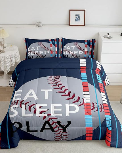 Baseball Comforter Set Sports Game Bedding Set for Boys Girls Baseball Gaming Blue Stripe Comforter Gift for Baseball Softball Lover Room Decor Full Size Quilt Boys - LeafyLoom