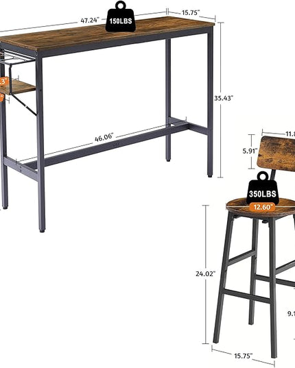 Dining Table Set for 2, Bar Table and Chairs Set, Industrial Counter Height Bar Table with Wine Rack, and 2 Stools with Backrest & Footrest, for Home, Kitchen, Bar, Small Space, Rustic Brown - LeafyLoom