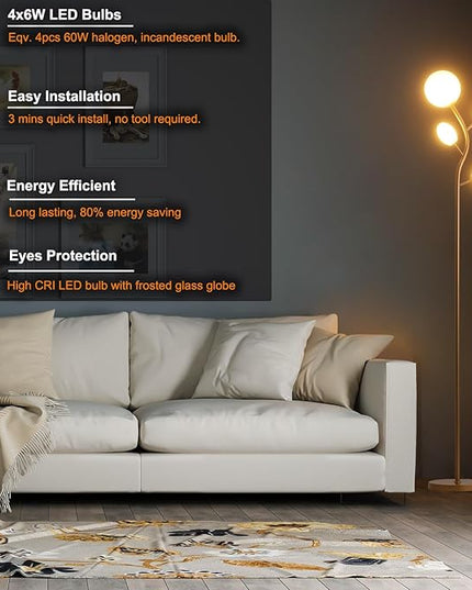 Modern Gold 4 Globe Floor Lamp for Living Room - Contemporary Tree Floor Lamp with White Frosted Glass Shade and LED Bulbs, Mid Century Modern Standing Lamp for Bedroom & Home Office - LeafyLoom