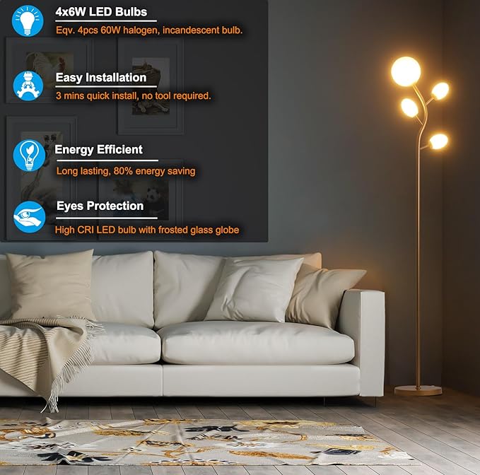 Modern Gold 4 Globe Floor Lamp for Living Room - Contemporary Tree Floor Lamp with White Frosted Glass Shade and LED Bulbs, Mid Century Modern Standing Lamp for Bedroom & Home Office - LeafyLoom