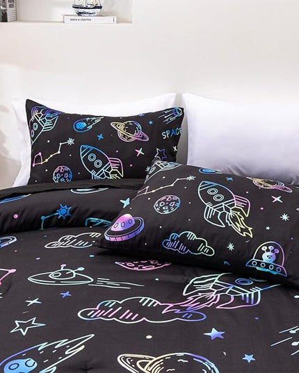 Aimuan Space Comforter Twin Set Kids Rocket Bedding Set Super Soft & Cute Aliens UFO Printed for Boys Girls Teen (Black, Twin 5Pcs) - LeafyLoom