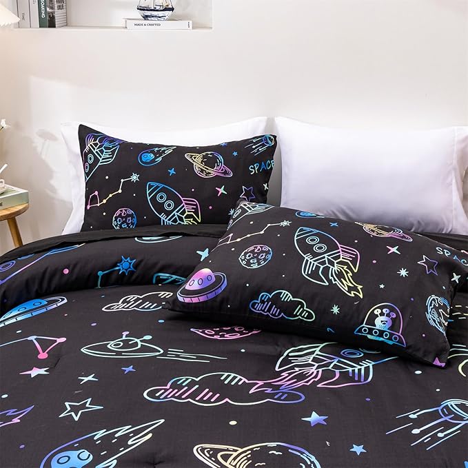 Aimuan Space Comforter Twin Set Kids Rocket Bedding Set Super Soft & Cute Aliens UFO Printed for Boys Girls Teen (Black, Full 5Pcs) - LeafyLoom