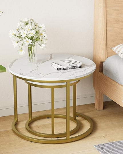 White Nesting Coffee Table Set of 2, 23.6“ Round Coffee Table Wooden Marble Pattern with Adjustable Non-Slip Feet, Industrial End Table for Living Room Bedroom Balcony Gold - LeafyLoom