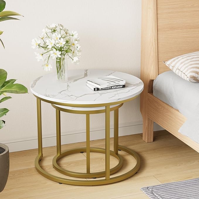 White Nesting Coffee Table Set of 2, 23.6“ Round Coffee Table Wooden Marble Pattern with Adjustable Non-Slip Feet, Industrial End Table for Living Room Bedroom Balcony Gold - LeafyLoom