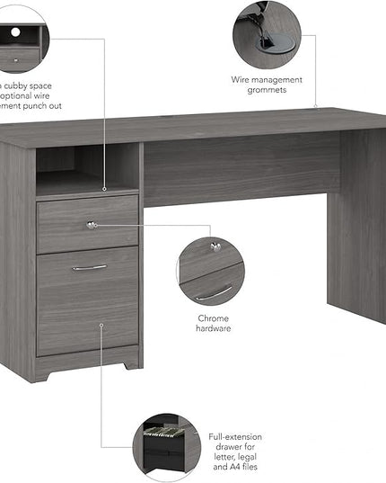 Bush Business Furniture Cabot Desks for Home Office with Storage and Chrome Hardware, Elegant Computer Table with Drawers, 60W, Modern Gray - LeafyLoom