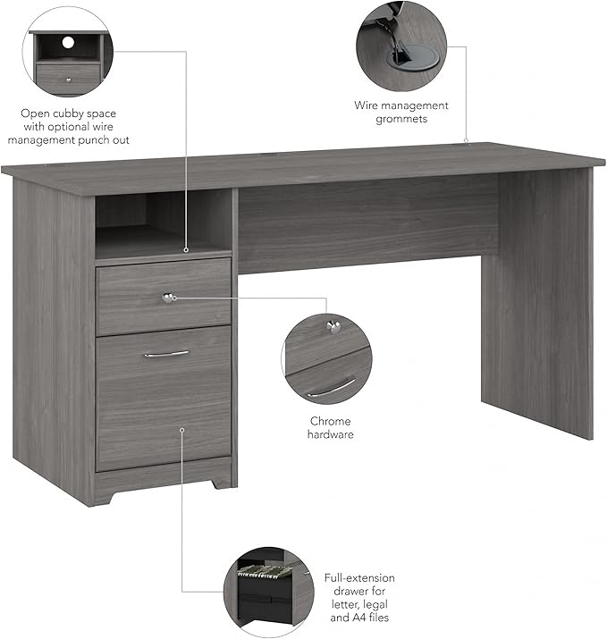 Bush Business Furniture Cabot Desks for Home Office with Storage and Chrome Hardware, Elegant Computer Table with Drawers, 60W, Modern Gray - LeafyLoom