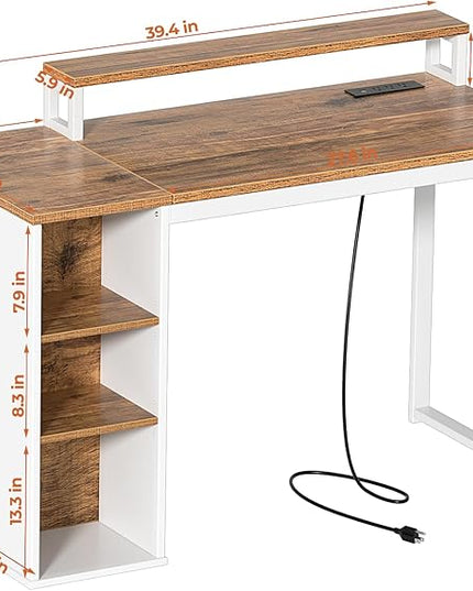 Small Computer Desk with LED Lights and Power Outlets 39.4 inch Home Office Desk with Storage Shelves, Writing Desk with Monitor Stand for Bedroom,Workstation, Walnut - LeafyLoom