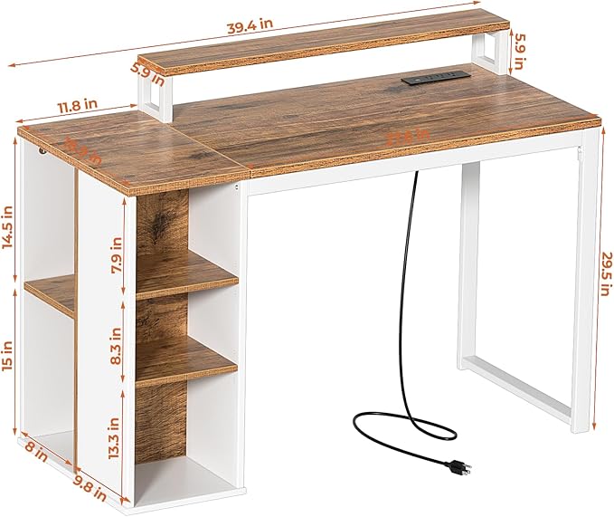 Small Computer Desk with LED Lights and Power Outlets 39.4 inch Home Office Desk with Storage Shelves, Writing Desk with Monitor Stand for Bedroom,Workstation, Walnut - LeafyLoom