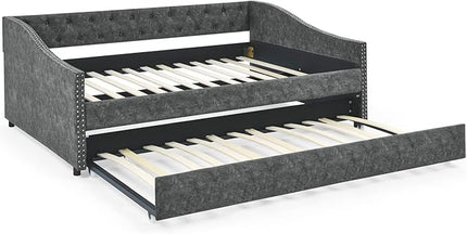 Full Size Upholstered Daybed with Twin Size Trundle, Tufted Full Day Bed w/Button Back and Waved Shape Copper Nail Arms, No Spring Box Needed, Easy Assemble, for Living Room - LeafyLoom
