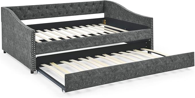 Full Size Upholstered Daybed with Twin Size Trundle, Tufted Full Day Bed w/Button Back and Waved Shape Copper Nail Arms, No Spring Box Needed, Easy Assemble, for Living Room - LeafyLoom