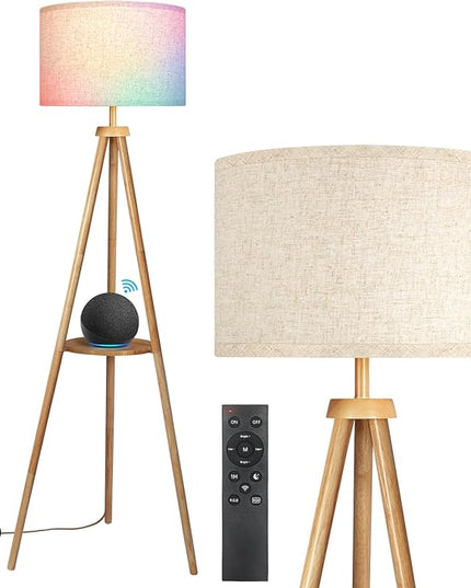 OUTON Wood Tripod Floor Lamp with Shelves, Mid Century Dimmable Floor Lamp with Remote Control, LED Tall Standing Lamp for Living Room Bedroom Office (Yellow Oak) - LeafyLoom