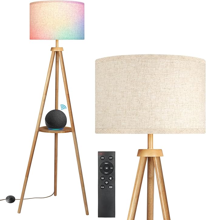 OUTON Wood Tripod Floor Lamp with Shelves, Mid Century Dimmable Floor Lamp with Remote Control, LED Tall Standing Lamp for Living Room Bedroom Office (Yellow Oak) - LeafyLoom