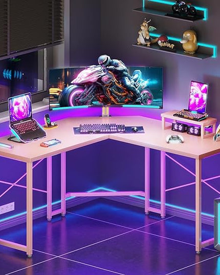 Casaottima L Shaped Gaming Desk with Monitor Stand, Corner Desk Gaming Table for Home Office, Computer Desk Sturdy Writing Workstation for Small Space, 51 inch, Carbon Fiber Surface, Pink - LeafyLoom