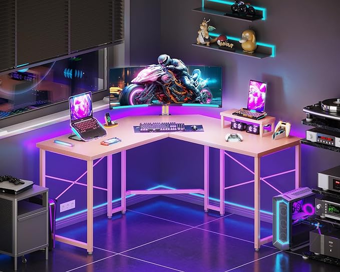 Casaottima L Shaped Gaming Desk with Monitor Stand, Corner Desk Gaming Table for Home Office, Computer Desk Sturdy Writing Workstation for Small Space, 51 inch, Carbon Fiber Surface, Pink - LeafyLoom