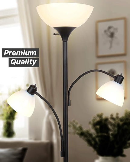 Brightech Sky Dome Double LED Floor lamp, Torchiere Super Bright Floor Lamp with 2 Reading Lamps for Living Rooms & Offices - Dimmable Tall Standing Lamp for Bedroom Reading - Tall Black Pole - LeafyLoom