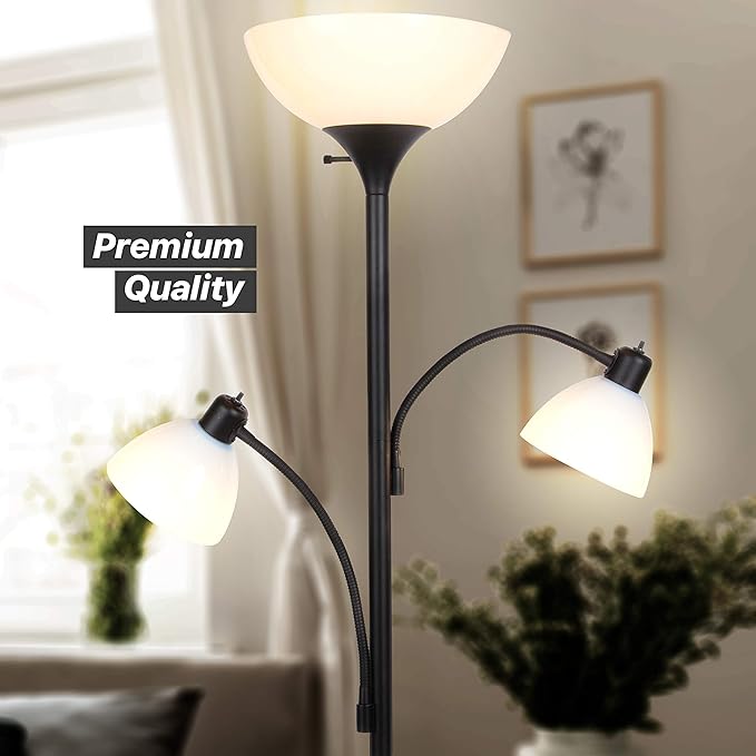 Brightech Sky Dome Double LED Floor lamp, Torchiere Super Bright Floor Lamp with 2 Reading Lamps for Living Rooms & Offices - Dimmable Tall Standing Lamp for Bedroom Reading - Tall Black Pole - LeafyLoom