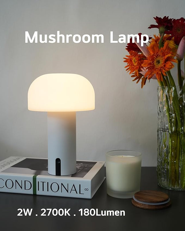 Outdoor Mushroom Table Lamp Rechargeable, Cordless Lamps for Patio Waterproof, Portable Battery Operated Lamp with USB Charging, Touch Dimming Night Light for Home/Porch/Restaurant (White) - LeafyLoom