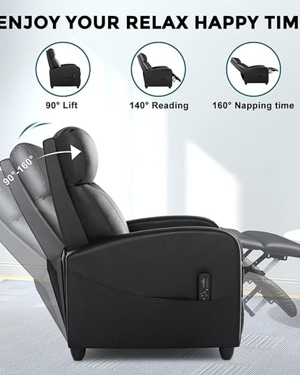 Recliner Chair for Adults, Massage Reclining Chair for Living Room, Adjustable Modern Recliners Chair, Home Theater Seating Single Sofa Recliner with Padded Seat Backrest (Deep Black) - LeafyLoom