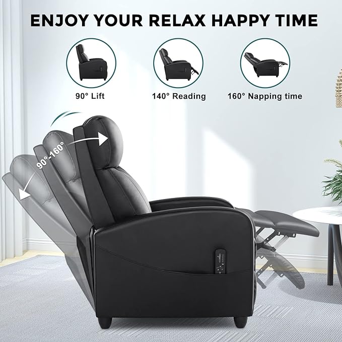Recliner Chair for Adults, Massage Reclining Chair for Living Room, Adjustable Modern Recliners Chair, Home Theater Seating Single Sofa Recliner with Padded Seat Backrest (Deep Black) - LeafyLoom