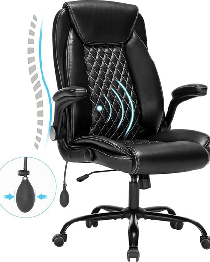 Office Chair Desk Chair High Back Computer Chair - Adjustable Lumbar Support with Flip-Up Arms PU Leather Chair with Spring Cushion - LeafyLoom