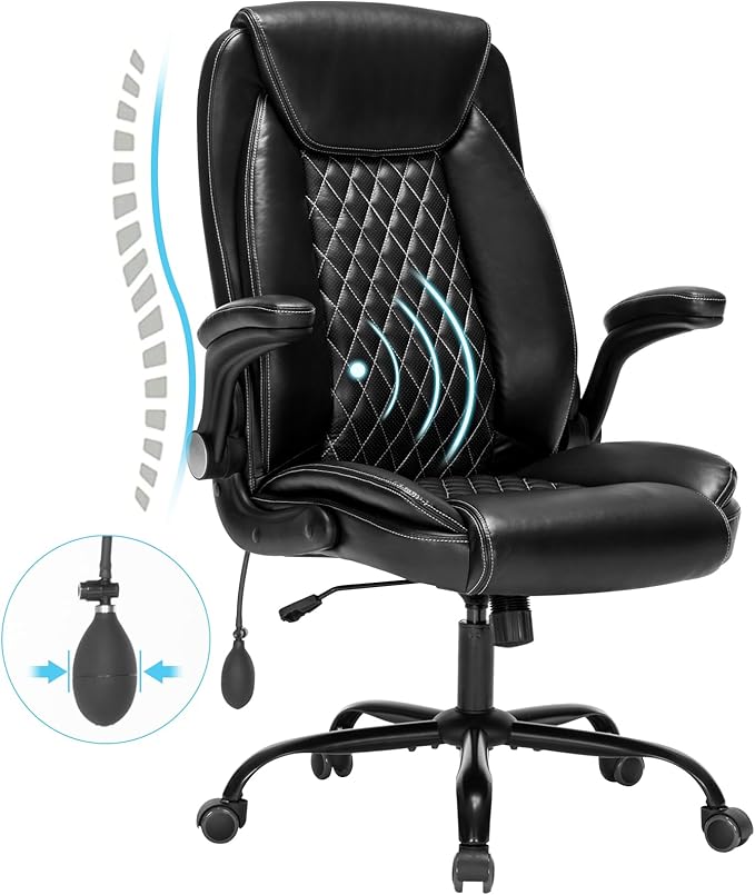 Office Chair Desk Chair High Back Computer Chair - Adjustable Lumbar Support with Flip-Up Arms PU Leather Chair with Spring Cushion - LeafyLoom