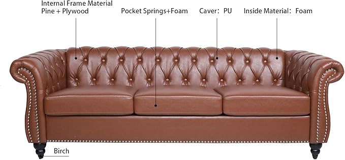 3-Seaters Living Room Clasic Chesterfield Sofa Couch Button Tufted PU Leather Upholstered Sofa&Couch with Luxury Roller Armrest Soild Wood Legs Movable Cushions & Nailhead Decor - LeafyLoom