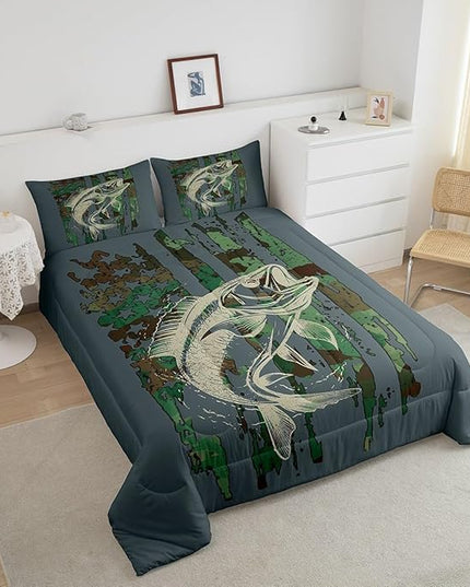 Bass Fish Comforter Set Full Size Green Camouflage Bedding Set for Fishing Lover Gifts Boys Girls Camo Pike Fish Fishing Comforter Wild Fisherman Bed Set Rustic Cabin Bedroom Decor - LeafyLoom