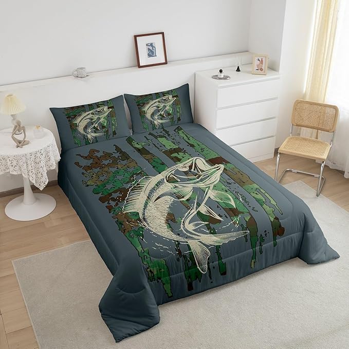 Bass Fish Comforter Set Full Size Green Camouflage Bedding Set for Fishing Lover Gifts Boys Girls Camo Pike Fish Fishing Comforter Wild Fisherman Bed Set Rustic Cabin Bedroom Decor - LeafyLoom