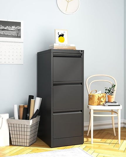 3 Drawer File Cabinet with Lock, Metal Vertical Filing Cabinets for Home Office, Steel Storage Cabinet for Hanging Legal/Letter Size Files, Assembly Required (Black) - LeafyLoom