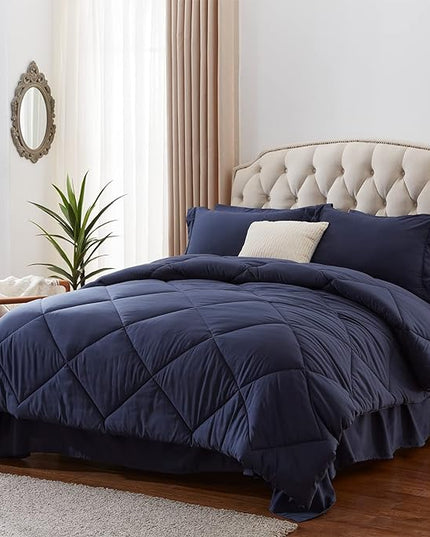 NexHome King Bed in a Bag 7-Pieces Navy Comforter Sets with Comforter and Sheets Soft All Season Bedding Sets with Comforter, Pillow Shams, Flat Sheet, Fitted Sheet and Pillowcases - LeafyLoom