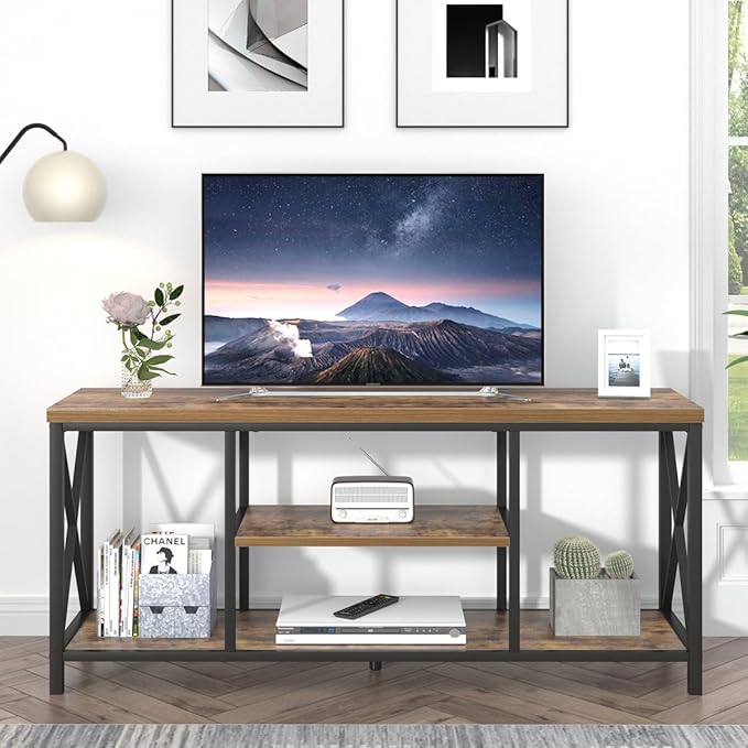 55 Inch TV Stand for Televisions up to 65 Inch, Modern Entertainment Center with Storage Shelves, Industrial Media TV Console for Living Room, Bedroom, Rustic Brown - LeafyLoom