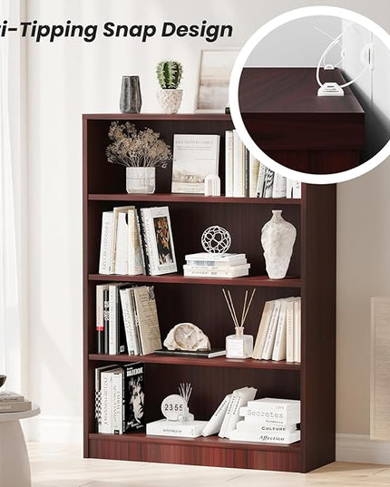Farini 4 Shelf boockase Display Bookcase Freestanding Wooden Bookshelves for Home Office Living Room,48 Inch Height,Mahogany - LeafyLoom