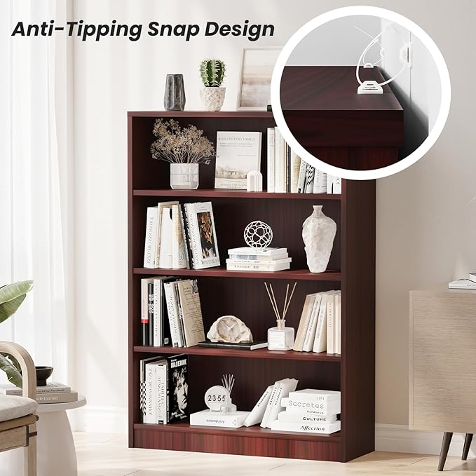 Farini 4 Shelf boockase Display Bookcase Freestanding Wooden Bookshelves for Home Office Living Room,48 Inch Height,Mahogany - LeafyLoom