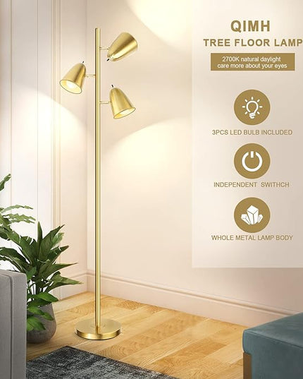 QiMH Tree Floor Lamp with 3 Light Bulbs, Standing Tall Pole Lamps for Living Room Bedroom Office, Reading Stand up Lamps with 3 Adjustable Arms, Brushed Gold - LeafyLoom