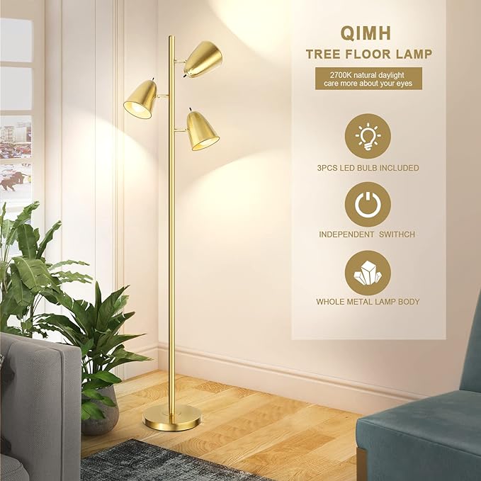 QiMH Tree Floor Lamp with 3 Light Bulbs, Standing Tall Pole Lamps for Living Room Bedroom Office, Reading Stand up Lamps with 3 Adjustable Arms, Brushed Gold - LeafyLoom