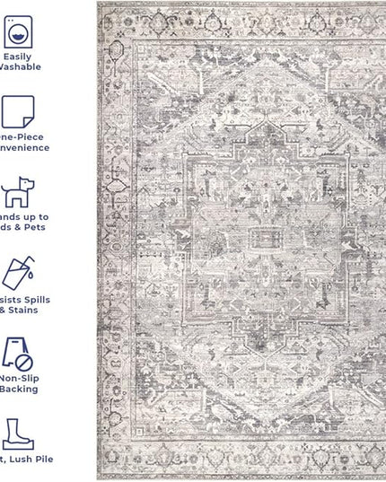 nuLOOM 5x8 Machine Washable Rain Haven Vintage Medallion Area Rug, Grey, Traditional Faded Design, Non-Slip Backing, Stain Resistant, For Bedroom, Dining Room, Living Room, Kitchen - LeafyLoom