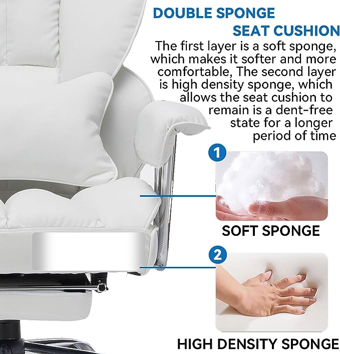Desk Office Chair 400LBS, Big and Tall Office Chair, PU Leather Computer Chair, Executive Office Chair with Leg Rest and Lumbar Support, White Office Chair - LeafyLoom