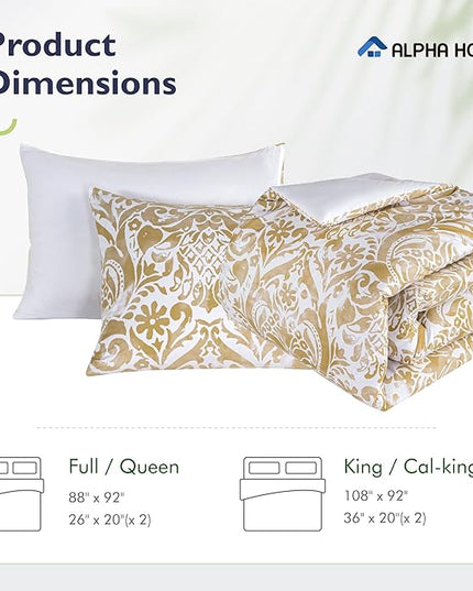 ALPHA HOME Comforter Set Queen Size, All Season Bedding Comforter Set, Comfortable Classic Damask Pattern Comforter Set with Cotton Fabric (1 Comforter, 2 Pillowcases) - LeafyLoom