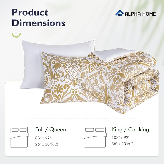 ALPHA HOME Comforter Set King Size, All Season Bedding Comforter Set, Comfortable Classic Damask Pattern Comforter Set with Cotton Fabric (1 Comforter, 2 Pillowcases) - LeafyLoom