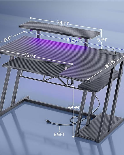 Gaming Desk with Shelves and Outlets, L Shaped Gaming Desk with LED Lights, Reversible L Shaped Computer Desk for Gamer, Carbon Fiber Black, 47" - LeafyLoom