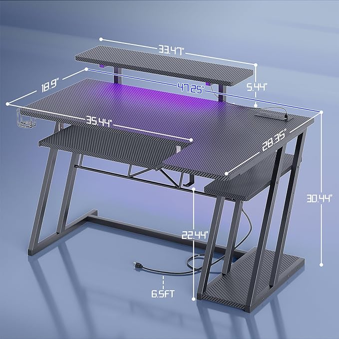 Gaming Desk with Shelves and Outlets, L Shaped Gaming Desk with LED Lights, Reversible L Shaped Computer Desk for Gamer, Carbon Fiber Black, 47" - LeafyLoom