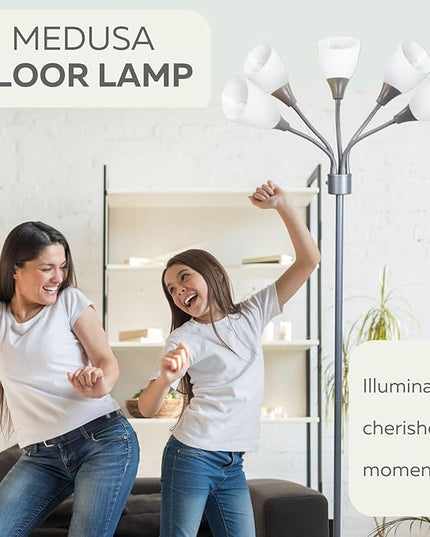 Floor Lamp For Bedroom Multi Head 5 Light Bright Floor Lamp - Medusa 5 Light Standing Lamp -floor Lamps For Bedroom Spider Lamp 5 Acrylic White Shades Standing Light Spider Lamp Silver Floor Lamp - LeafyLoom
