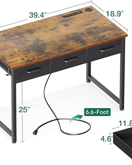 AODK 40 Inch Small Computer Desk with 3 Fabric Drawers, Office Desk with USB/Type-C Charging Ports & Power Outlets, Vanity Desk with Iron Hook for Bedroom, Study/Writing/Work Table for Bedroom,Vintage - LeafyLoom