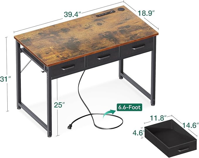AODK 40 Inch Small Computer Desk with 3 Fabric Drawers, Office Desk with USB/Type-C Charging Ports & Power Outlets, Vanity Desk with Iron Hook for Bedroom, Study/Writing/Work Table for Bedroom,Vintage - LeafyLoom