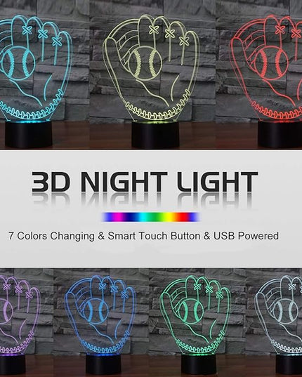 3D Illusion Desk Lamp Baseball Glove Model, LED USB Touch Button 7 Color Changing Lights Night Light for Baby Nursery, Best Gift Toys for Kids Friends Birthday Home Bedroom Decor Lighting - LeafyLoom