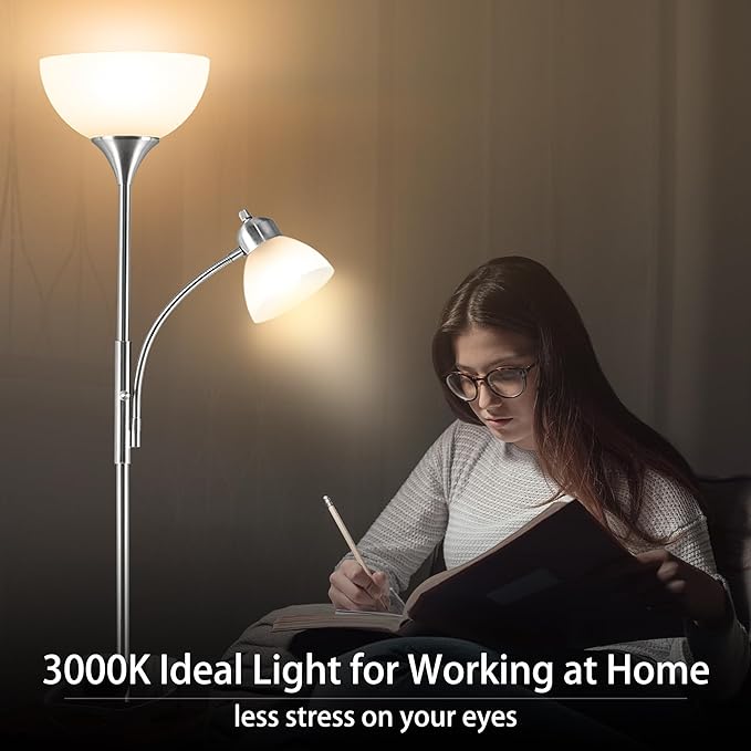 Floor Lamp, Dimmable Standing lamp, 3 Levels Dimmable Brightness, Included 9W and 5W LED Bulbs, Industrial Floor Lamp for Living Room, Bedroom, Office, Reading - LeafyLoom