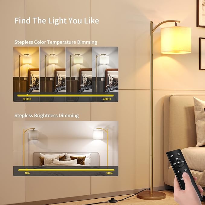 SUNMORY Arc Floor Lamp, Modern Floor Lamp with Romote Control and Stepless Dimmable Bulb, Metal Standing Lamps with Hanging Lampshade for Living Room, Bedroom, Office (Gold) - LeafyLoom